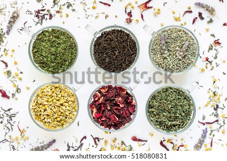6 cups with different types of tea leaves black, green, hibiscus, chamomile, mint, lavender on white background of scattered tea leafs. Tea collection of six different types of tea leafs. Horizontal.