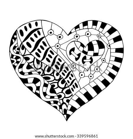 Hand Drawn Monochrome Heart In Zentangle Style Pattern For Coloring Book Page