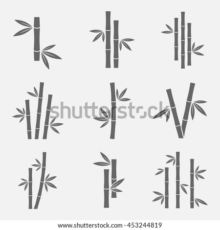 Bamboo icons vector set isolated on a light background. Black sign of bamboo stems with leaves in a flat style. Simple silhouettes bamboo forest, jungle or trees.