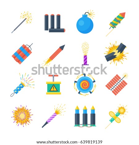 Pyrotechnics vector set of icons in a flat style. Festival petards, fireworks, crackers, sparklers on a white background. Holiday pyrotechnic explosions and claps.