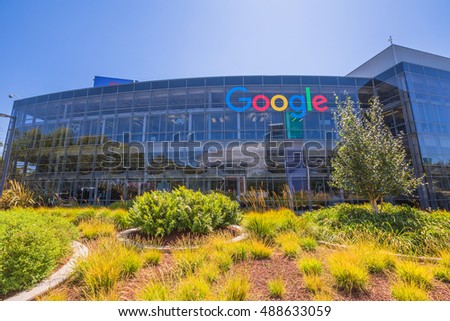 Mountain View, California, USA - August 15, 2016: Google sign on one of the Google buildings. Exterior view of a Google headquarters building in Silicon Valley.