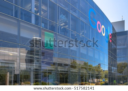 Mountain View, California, USA - August 15, 2016: close up of Google sign on one of the Google buildings. Exterior view of a Google headquarters building in Silicon Valley.