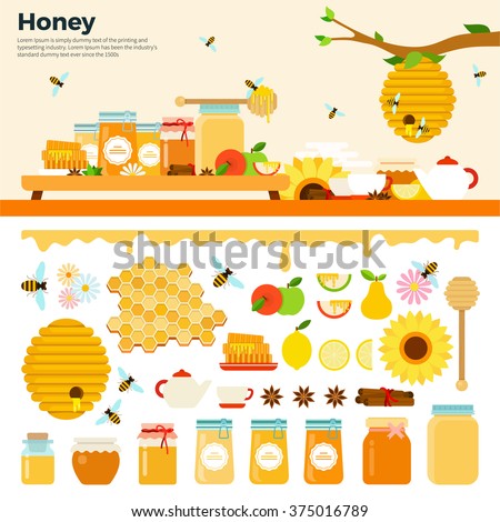 Honey products vector flat illustrations. Honey in jars and other honey products on the table. Organic and natural honey. Banks of honey, bees, honeycombs, bee hives, sunflower isolated on white