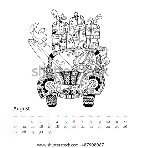 Hand Drawn Doodle Outline Holiday Car Travel Decorated With OrnamentsVector IllustrationFloral Ornament