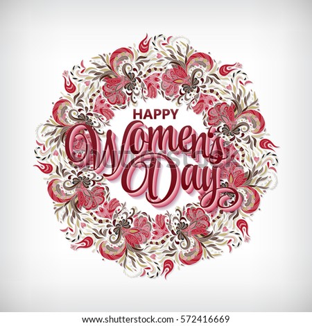 Women's day design card template, vinous texture, abstract flowers wreath, hand drawn lettering " Happy woman's day" vector illustration eps10 graphic