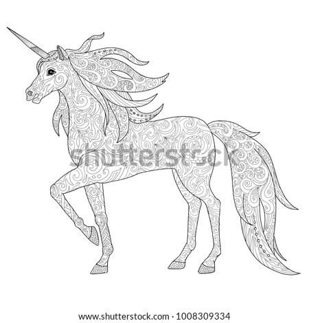 Unicorns Horse Page For Adult Coloring Book Magical Animal Vector Illustration