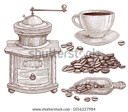 Set Of Coffee Beans In Bag And Grinder Scoop Cup Set Of Coffee Beans In Bag And Grinder Scoop Cup