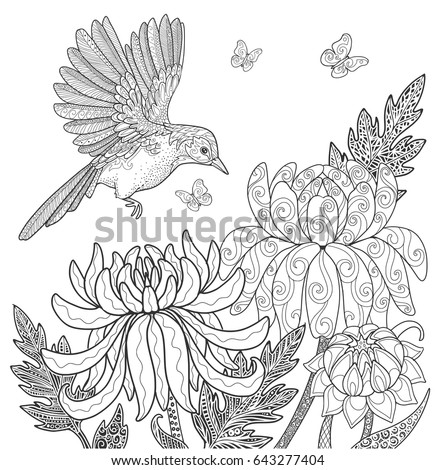 Bird And Flowers Butterfly In Garden Page For Adult Coloring Book Doodle Vector