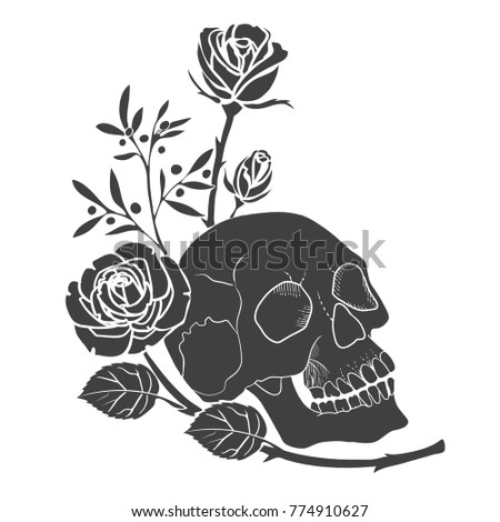 black silhouette human skull roses tattoo stock vector black silhouette human skull roses tattoo stock vector