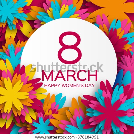 Abstract White Pink Floral Greeting card - International Happy Women's Day - 8 March holiday background with paper cut Frame Flowers. Happy Mother's Day. Trendy Design Template. Vector illustration.