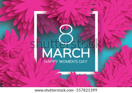 8 March. pink Floral Greeting card. International Happy Women's Day. Paper cut flower blue holiday background with Square Frame and space for text. Trendy Design Template. Vector illustration
