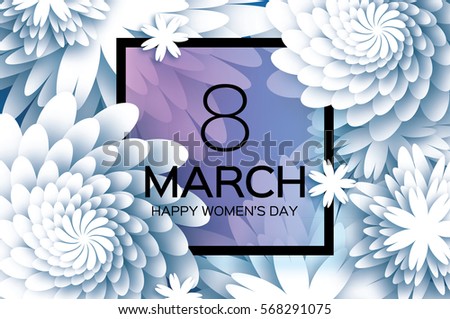 8 March. Happy Mother's Day. Blue Paper cut Floral Greeting card. Origami flower holiday background. Square Frame, space for text. Happy Women's Day. Trendy Design Template. Vector illustration