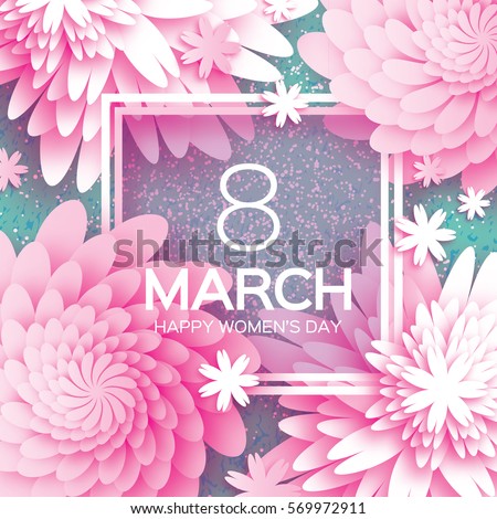 8 March. Happy Mother's Day. Pink Paper cut Floral Greeting card. Origami flower holiday background. Square Frame, space for text. Happy Women's Day. Trendy Design Template. Vector illustration