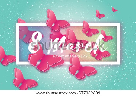 8 March. Happy Mother's Day. Paper cut Pink Wild Butterfly. Beautiful Origami insect holiday background. Nature Greeting card. Happy Women's Day. Rectangle frame. Vector illustration