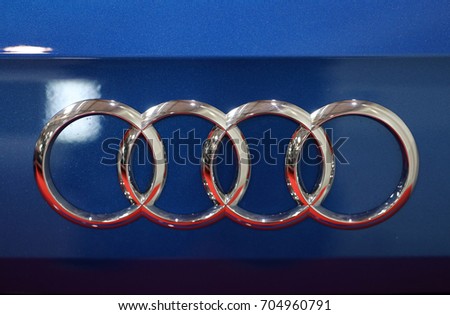 CRACOW, POLAND - MAY 20, 2017: Audi metallic logo closeup on Audi car displayed at 3rd edition of MOTO SHOW in Cracow Poland. Exhibitors present most interesting aspects of the automotive industry