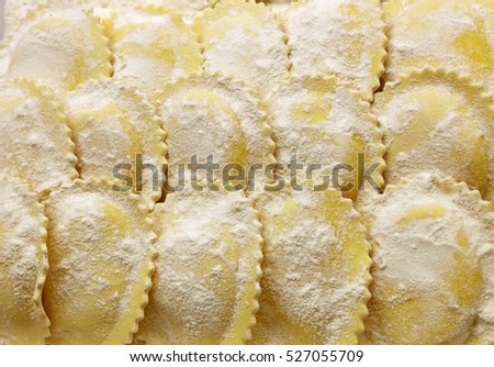 Fresh Traditional Homemade Rustic Artisan Gourmet Italian Ravioli Stuffed Pasta In Retail Display Close Up Fresh Traditional Homemade Rustic Artisan Gourmet Italian Ravioli Stuffed Pasta In Retail Display Close Up