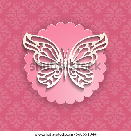 Vintage Paper Cut Vector Background 3d Lacy Butterfly On Seamless Pink Ornamental Pattern Wedding Vintage Paper Cut Vector Background 3d Lacy Butterfly On Seamless Pink Ornamental Pattern Wedding