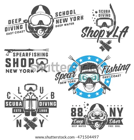 set scuba diving elements emblemslogo printstattoolabel stock set scuba diving elements emblemslogo printstattoolabel stock