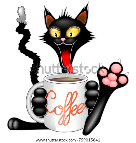 stock vector happy and funny cat cartoon character with big mug full of coffee original vector graphic art 759015841