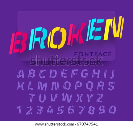 Broken vector paper cut font. Trendy realistic colorful material design typeset. Latin alphabet from a to z and numbers from 0 to 9.