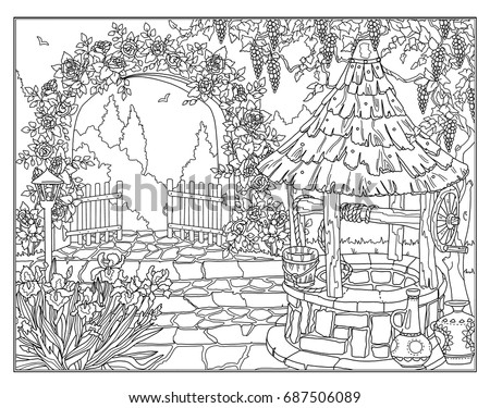 coloring pages japanese house on river stock vector