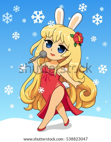 stock vector cute anime chibi little girl merry christmas and happy new year card christmas card in cartoon 538823047