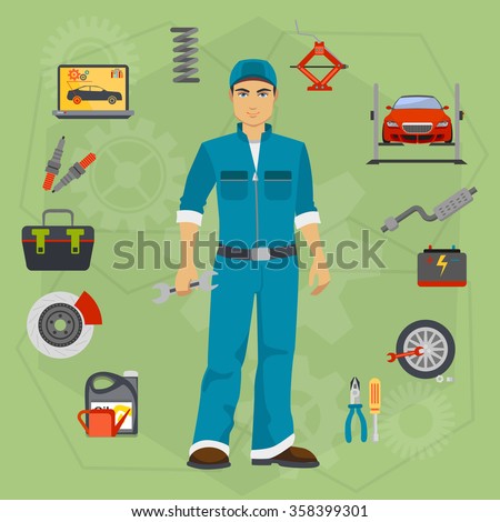 Car repair service concept with tuning diagnostics flat elements and worker man.