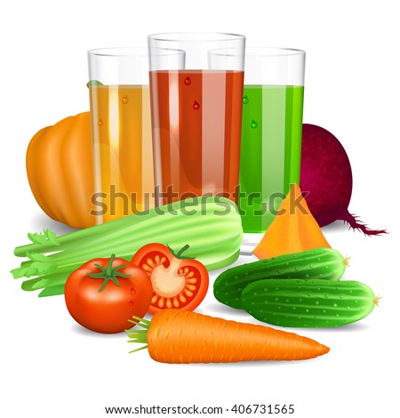 Vegetable juices. Cucumber, tomato, carrot, pumpkin, beets and celery. Natural vegetable drink, healthy organic food. Realistic vector illustration