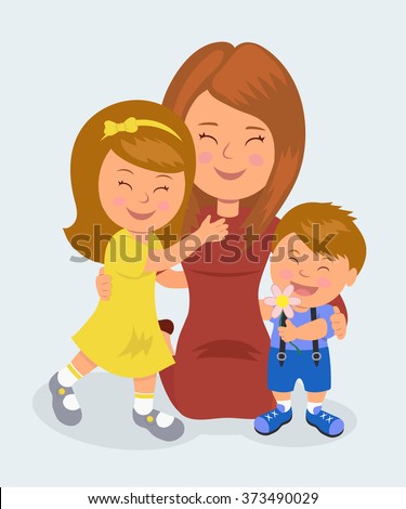 Mother kneeling hugging her daughter and son. The concept of love of mothers for their children