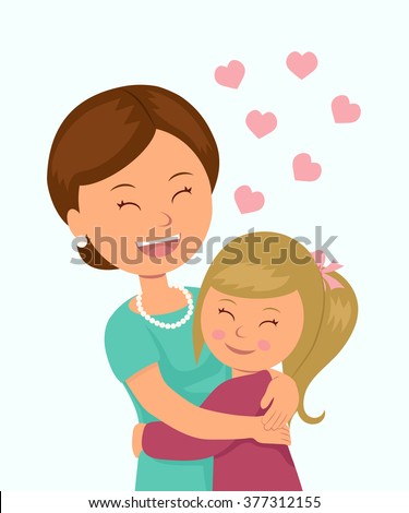 Daughter hugging her mother. Isolated characters in the embrace of a mother and her daughter on a white background.