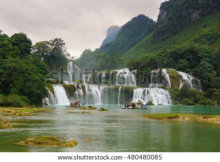 Ban Gioc - Detian waterfall at sunset in Cao Bang province, Vietnam.
