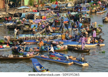 Soc Trang, Vietnam - Feb 2, 2016. View of Nga Nam floating market in Soc Trang, southern Vietnam. Nga Nam is one of busiest markets in southern Vietnam.