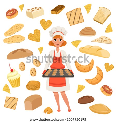 Beautiful woman baker standing with a baking tray with cookies. Cartoon female character at work. Bakery products and pastries set isolated on white. Flat vector