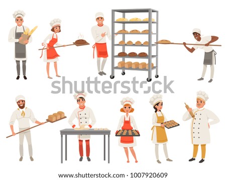 Bakers characters set with bread and cooking tools. Happy people in aprons and hats, young men and women in uniform working in bakery. Vector isolated on white.