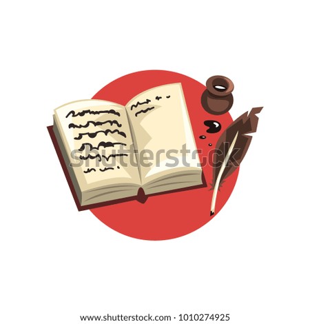 Symbols of the writer profession, vintage quill, ink and book cartoon vector Illustration