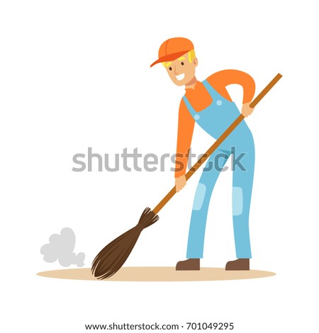 Smiling street sweeper at work, street cleaner character vector Illustration