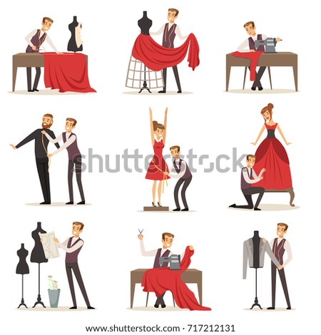 Dressmaker set, male designer tailoring measuring and sewing for his customers vector Illustrations
