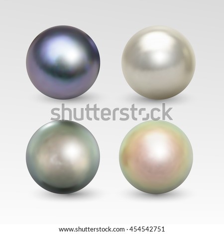 Pearl realistic set isolated on white background. Spherical beautiful 3D orb with transparent glares and highlights for decoration. Jewelry gemstones. Vector Illustration for your design and business
