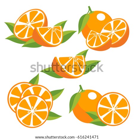 Orange fruit with leaves. Collection of different fresh orange fruit on white background.