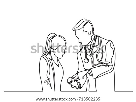 continuous line drawing of doctor and patient talking about medication