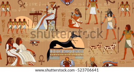 Ancient Egypt seamless pattern. Hieroglyphic carvings on the exterior walls of an ancient egyptian pattern. Murals ancient Egypt. Grunge Egypt background. Egyptian gods and pharaohs seamless pattern