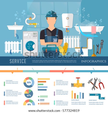 Professional plumber infographic pipe repair elimination of leaks. Plumbing service different tools and accessories infographics call plumber presentation template