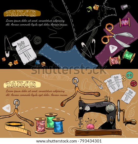 Studio on tailoring tools seamstress fashion designer needlework sewing machine hand drawn vector illustration. Tailor banners vector