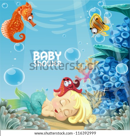 Baby shower with sleeping sweet newborn mermaid