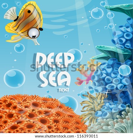 Banner deep blue sea with coral reefs and sea anemones