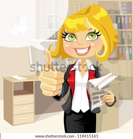 Pretty business woman in office with business papers showing that everything is OK