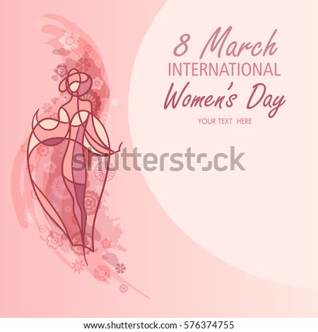 Silhouette of a women on pink floral decorated background for Happy Women's Day. March 8 greeting card. Vector illustration.