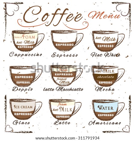 Vector Set Of Coffee Menu With A Cups Drinks In Vintage Style Ingredients Vector Set Of Coffee Menu With A Cups Drinks In Vintage Style Ingredients