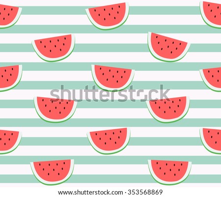 Cute red watermelon slice design on striped blue background seamless pattern wallpaper backdrop. Vector art