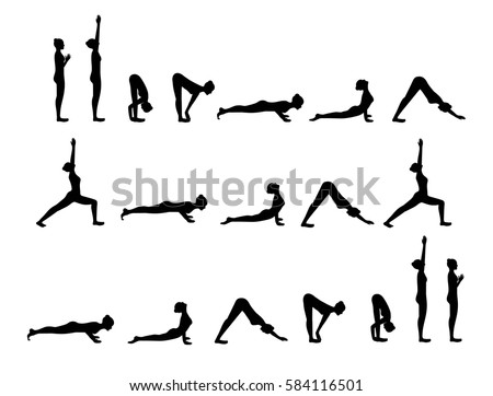 Black Silhouette Of Yoga Postures Sun Salutation Woman Doing Exercises Isolated On White Black Silhouette Of Yoga Postures Sun Salutation Woman Doing Exercises Isolated On White